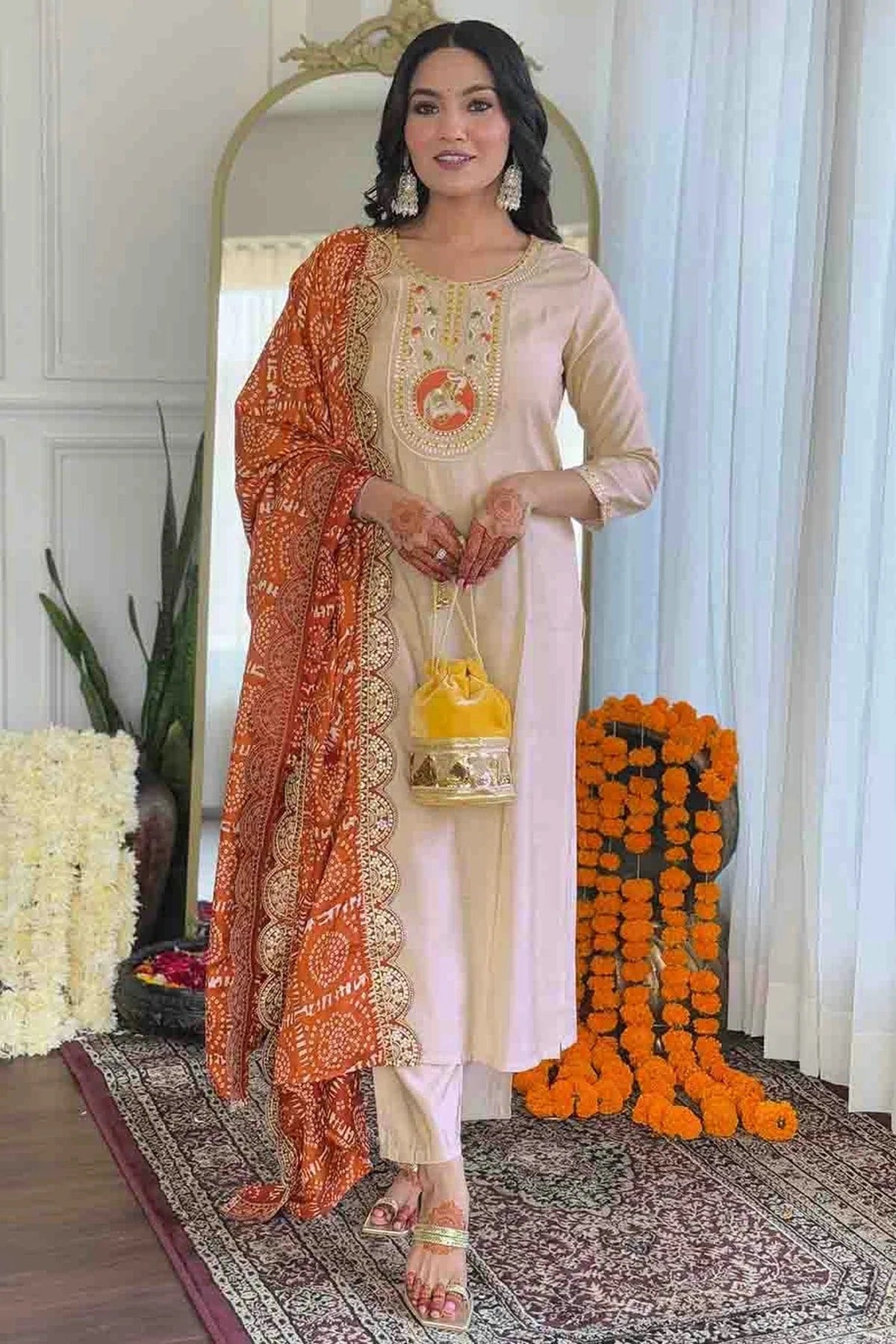 Beige Viscose Stitched Suit NCSS11110861