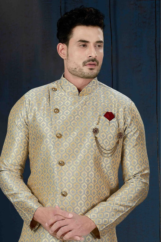 Beige and Blue Jacquard Party Wear Dhoti Sherwani NCSH10410329-10