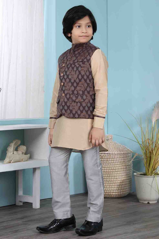 Beige and Brown Cotton Silk Kurta PajamaWith Jacket NCBW10710713