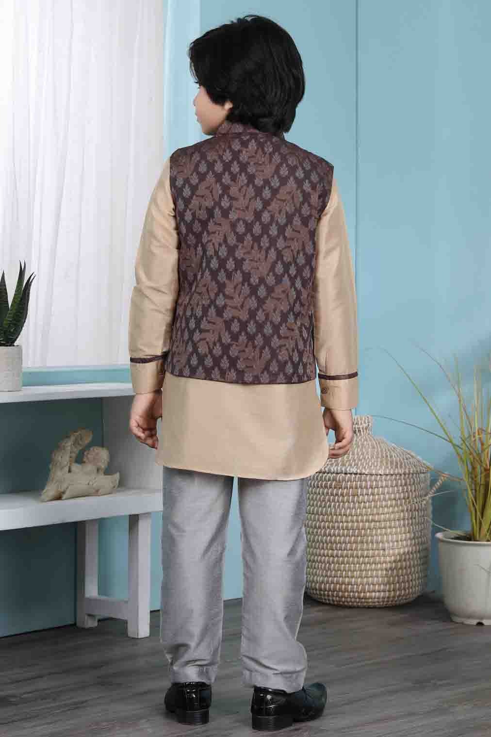 Beige and Brown Cotton Silk Kurta PajamaWith Jacket NCBW10710713