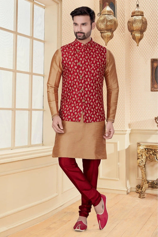 Beige and Maroon Kurta PajamaWith Jacket In Silk Dupion NCKP10410721