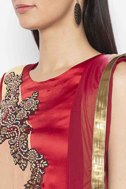 Beige and Maroon Plus Size Georgette Embroidery Pant Style Suit NCSS10710659