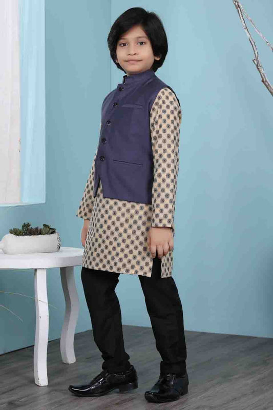 Beige and Navy Blue Handloom Silk Kurta PajamaWith Jacket NCBW10710716-10