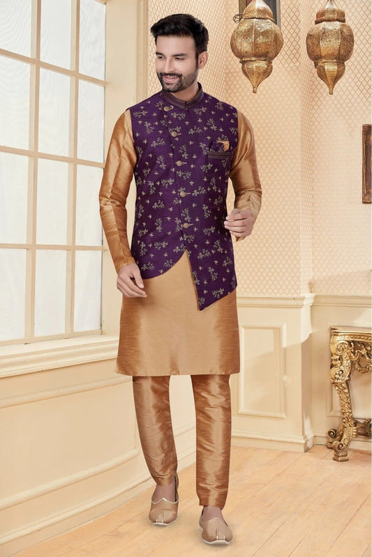 Beige and Purple Kurta PajamaWith Jacket In Silk Dupion NCKP10410717