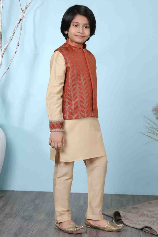 Beige and Rust Cotton Silk Kurta PajamaWith Jacket NCBW10710703