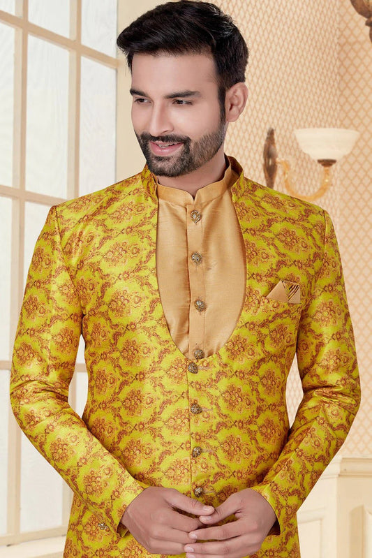 Beige and Yellow Silk Dupion Indo Western NCSH10410351