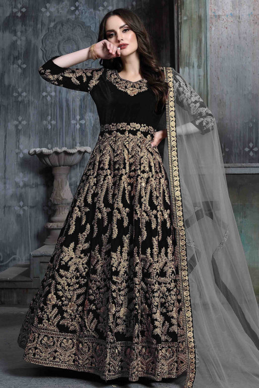 Black 9000 Velvet Semi Stitched Anarkali Suit NCSM10510378
