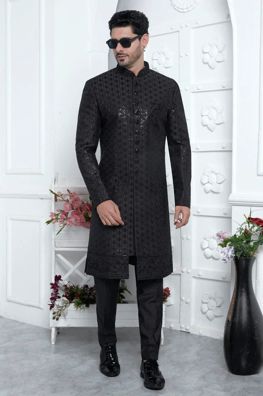 Black Art Silk Indowestern Sherwan With Aligadhi Pant NCSH12310355