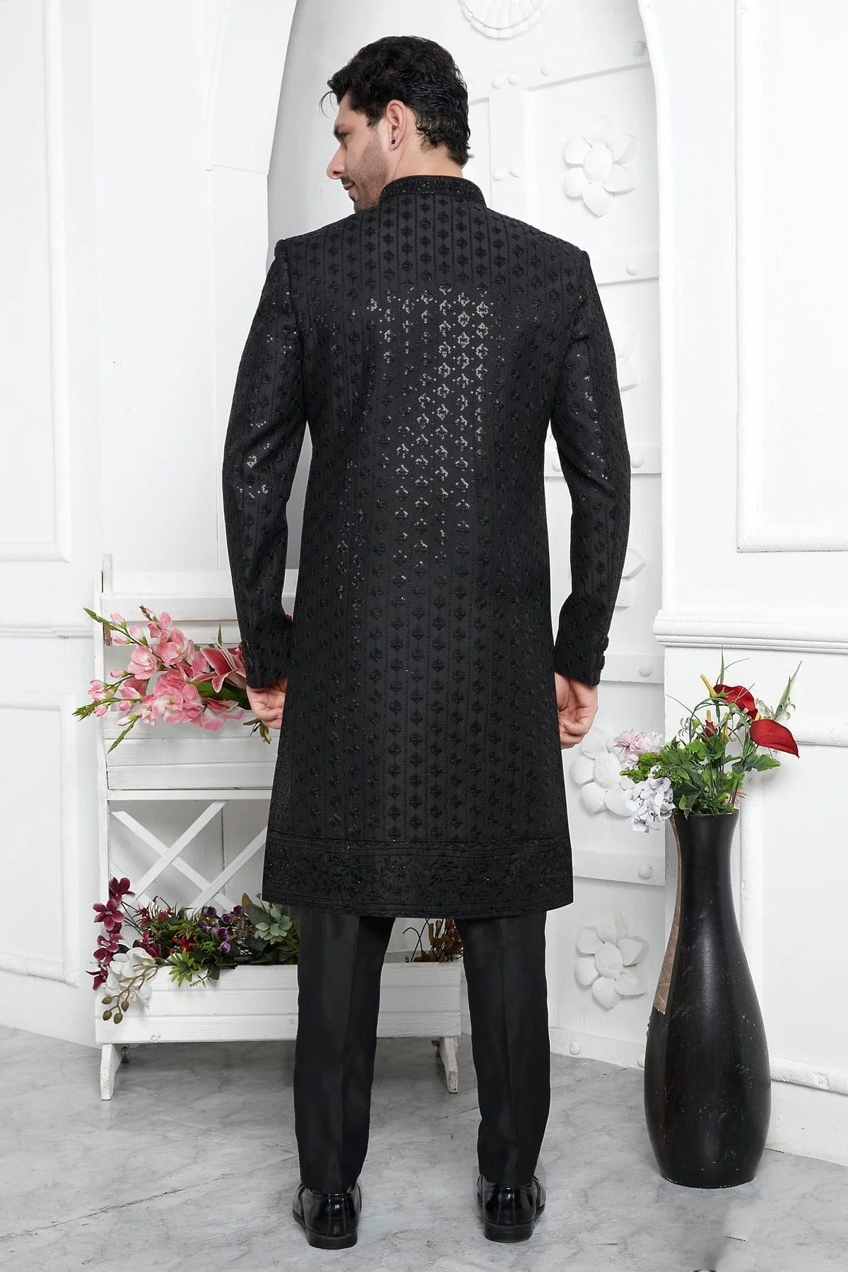 Black Art Silk Indowestern Sherwan With Aligadhi Pant NCSH12310355