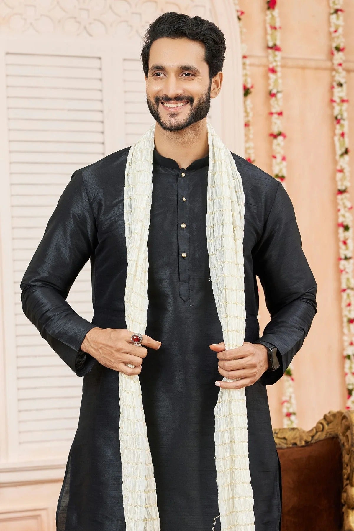 Black Art Silk Kurta PajamaWith Stole NCKP12310127