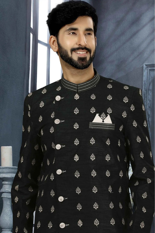 Black Art Silk Thread Sherwani NCSH10410438