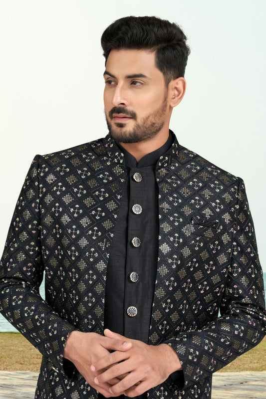 Black Banarasi Silk Sherwani NCSH10410276