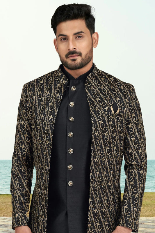 Black Banarasi Silk Sherwani NCSH10410277
