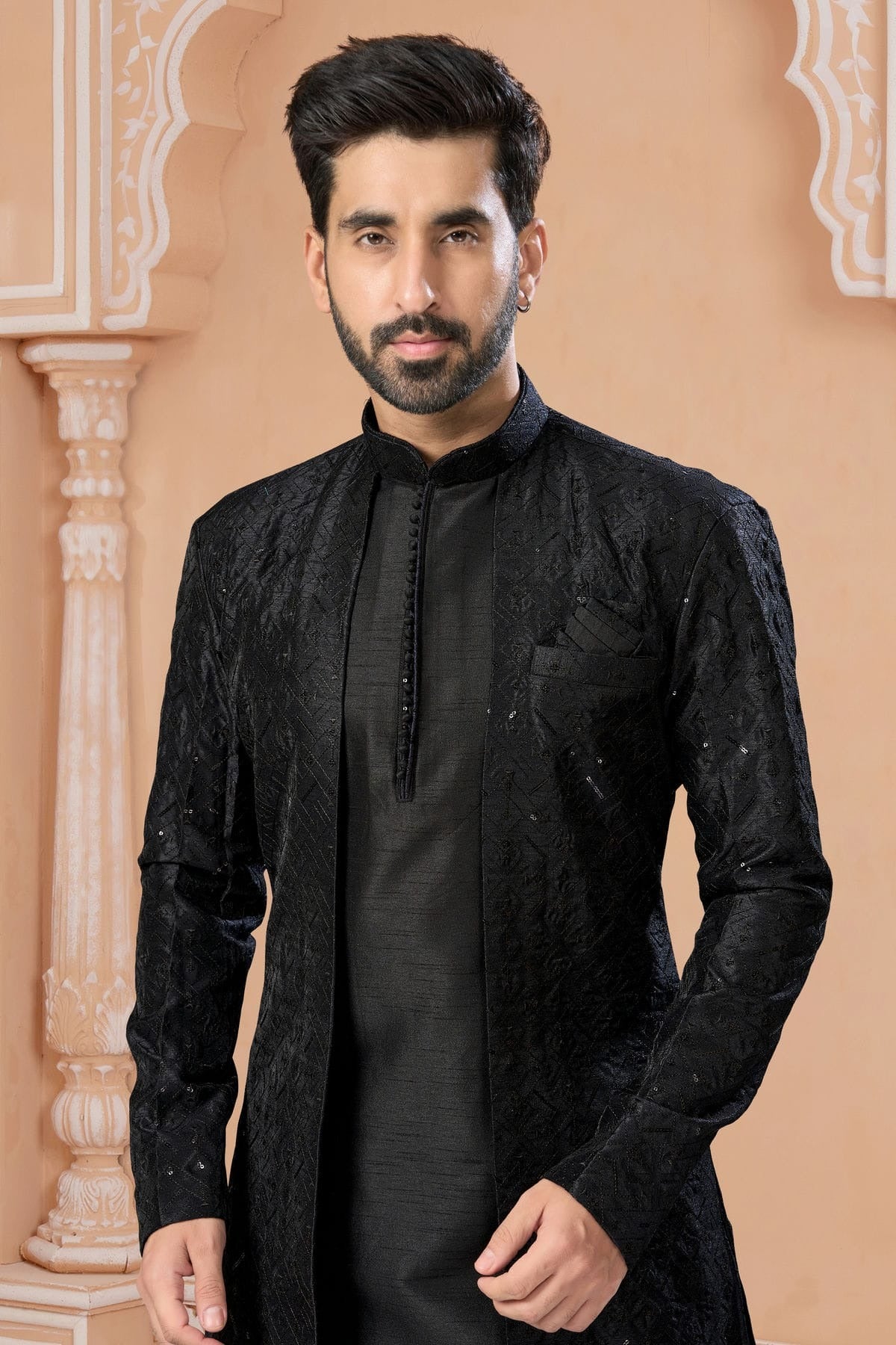 Black Banglori Silk Sherwani NCSH10410253