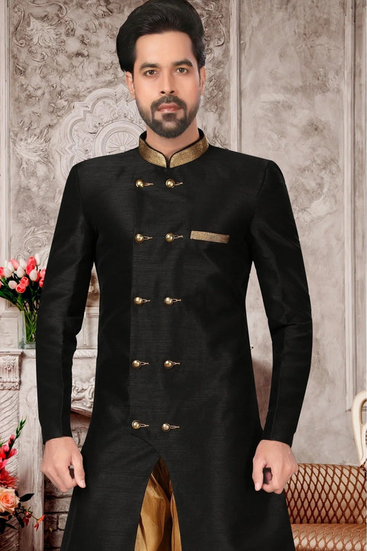 Black Brocade Silk Dhoti Sherwani NCSH10410395