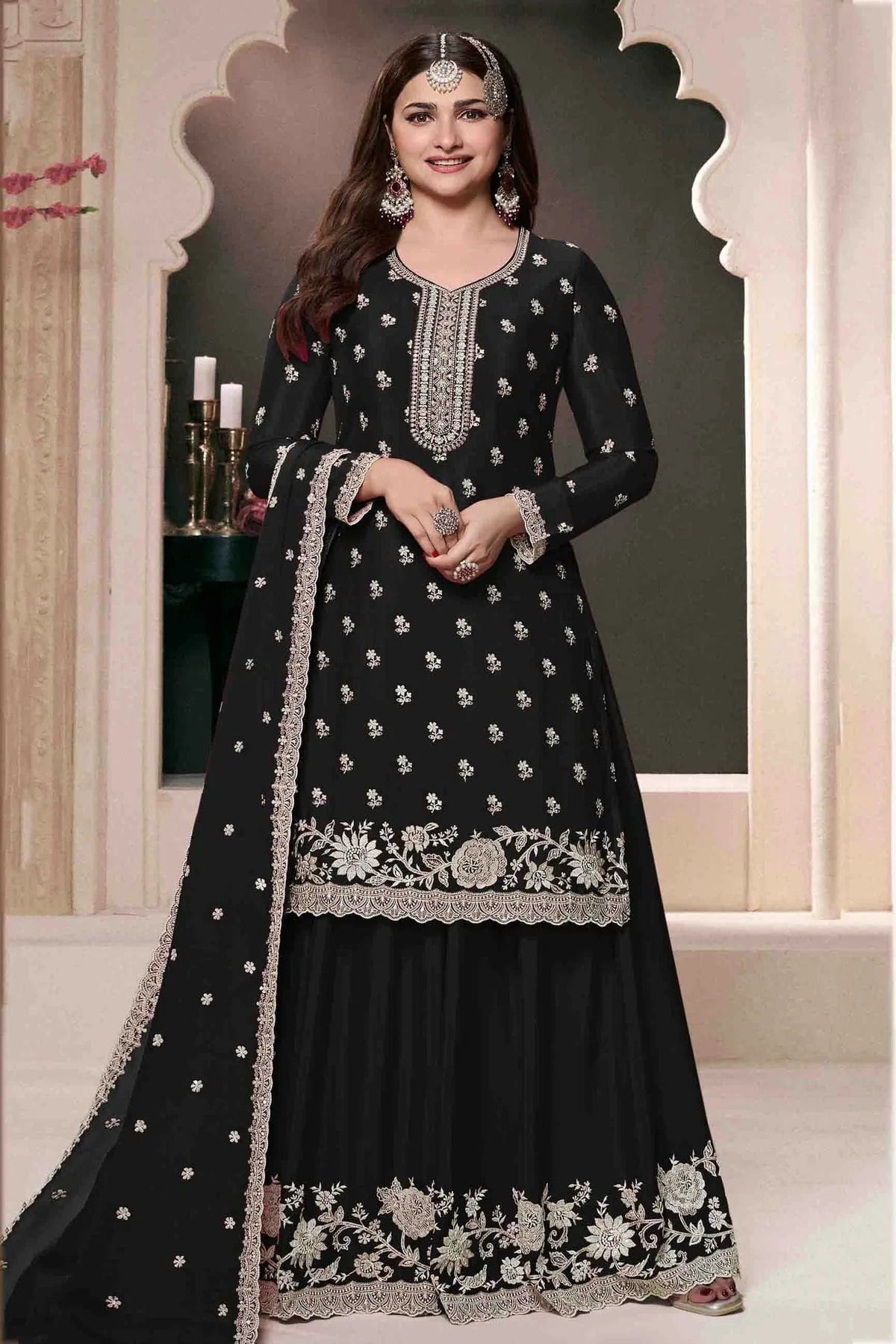 Black Chinon Palazzo Pant Suit NCSM11410105