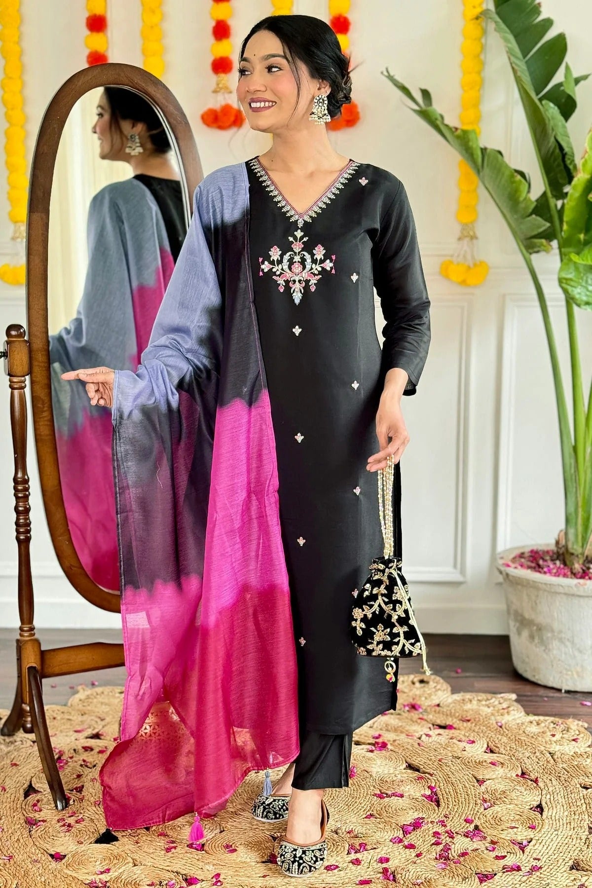Black Embroidery Chanderi Viscose Stitched Suit NCSS11111275