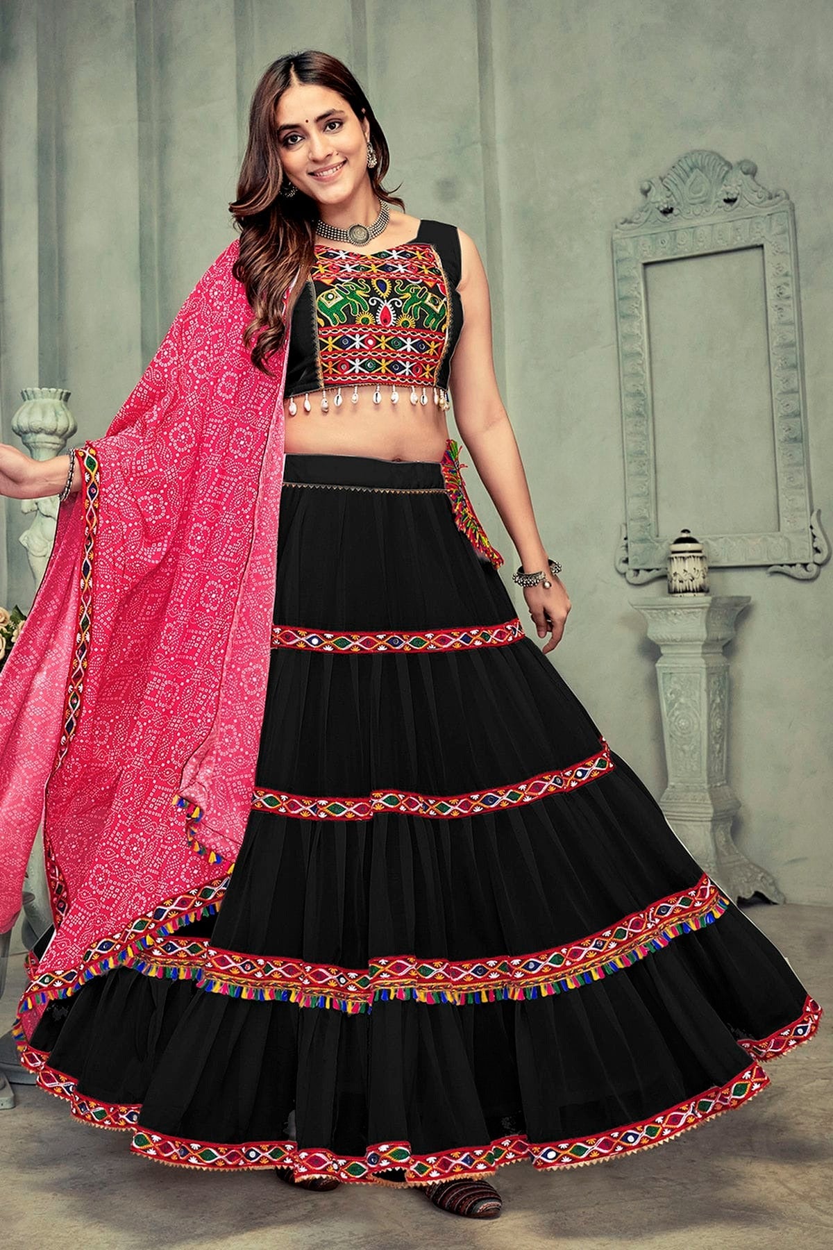 Black Embroidery Georgette Navratri Lehenga NCLD11710172
