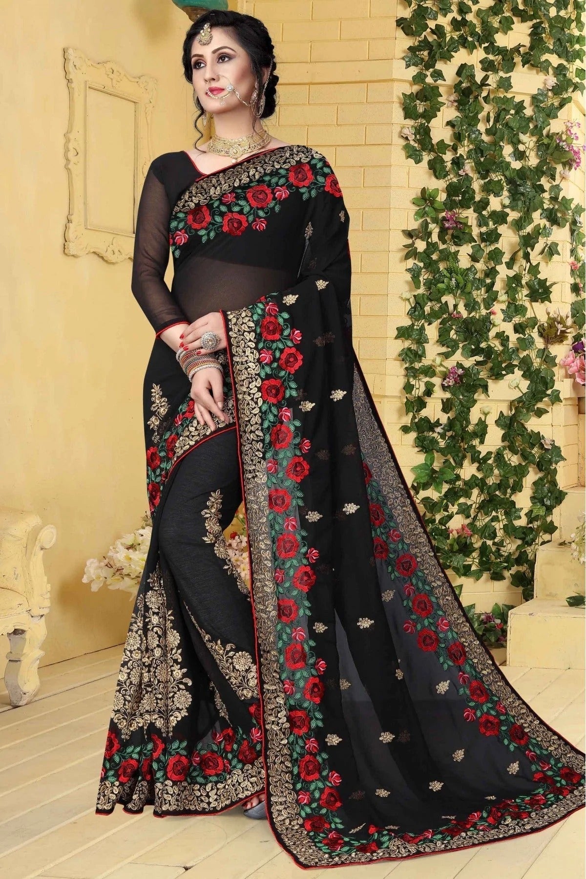 Black Georgette Embroidered Saree NCSD11210600