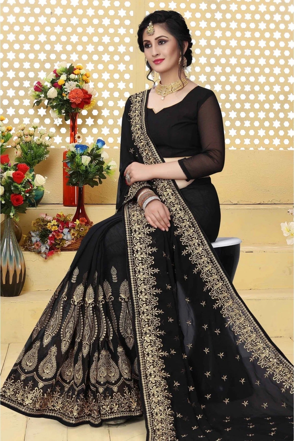 Black Georgette Embroidered Saree NCSD11210603