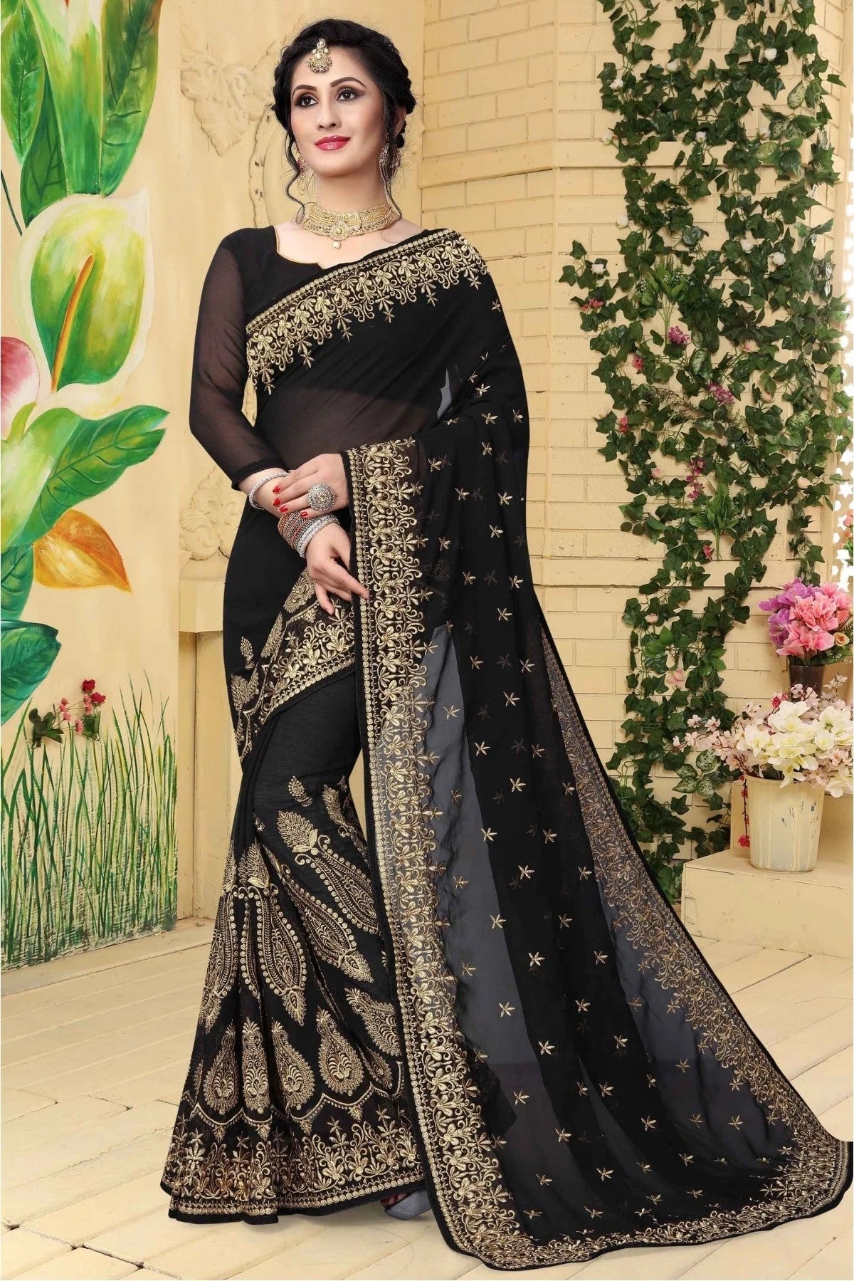 Black Georgette Embroidered Saree NCSD11210603