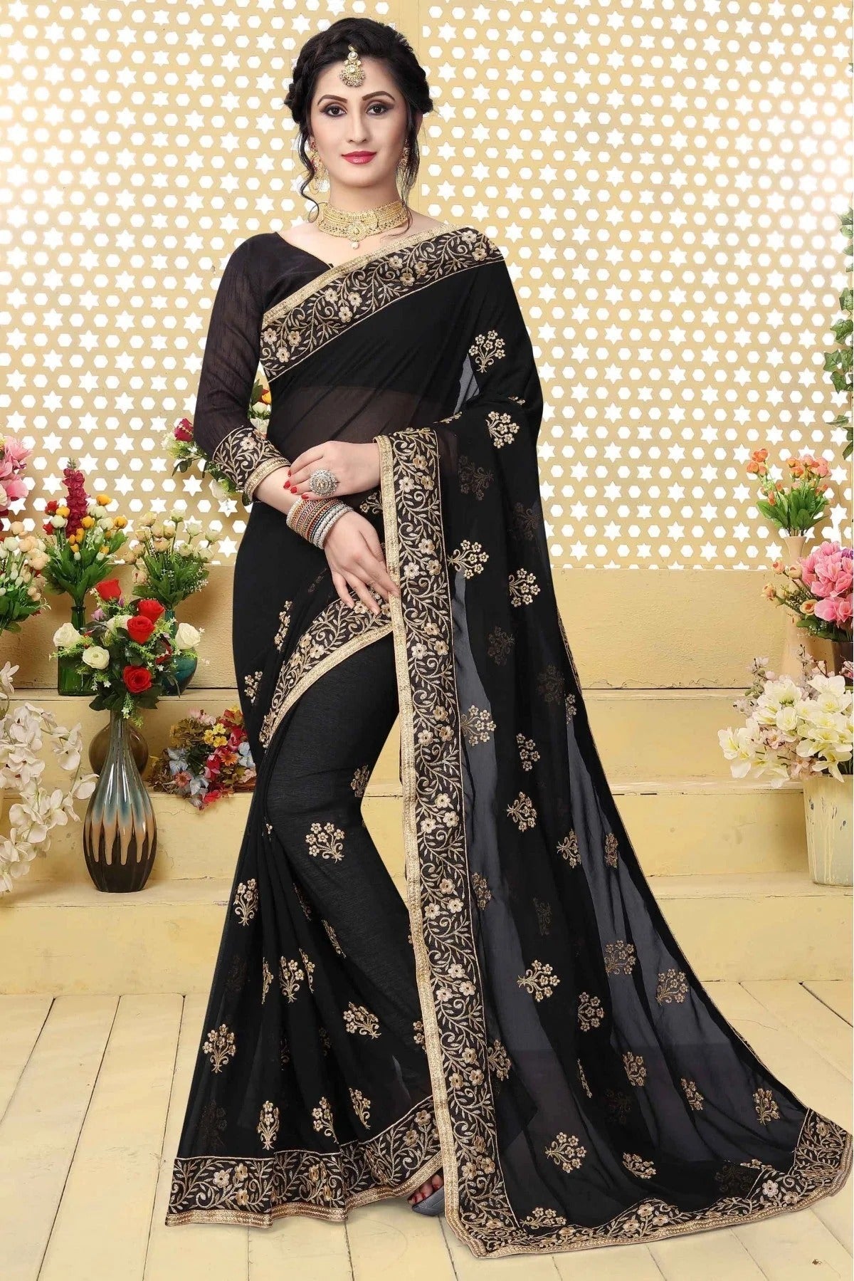 Black Georgette Embroidered Saree NCSD11210605