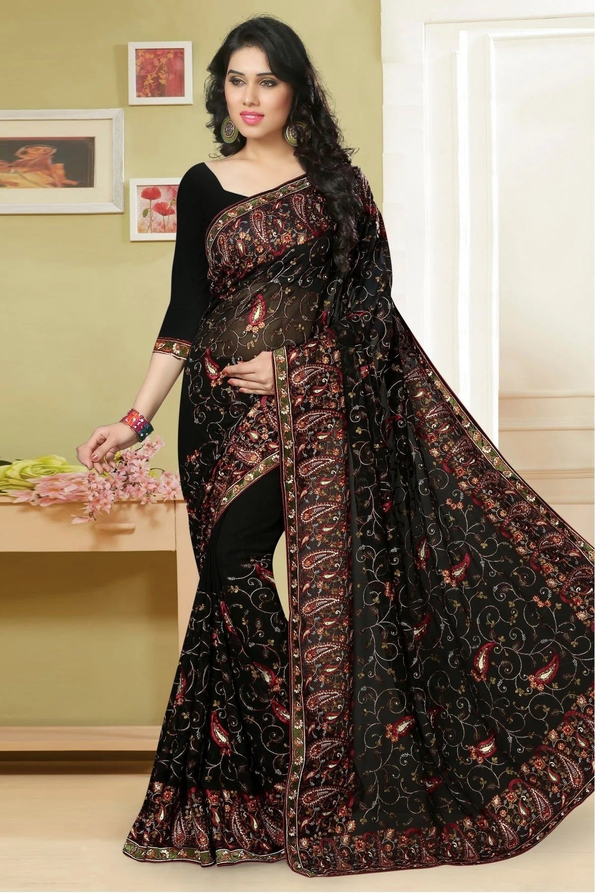 Black Georgette Embroidery Saree NCSD11210503