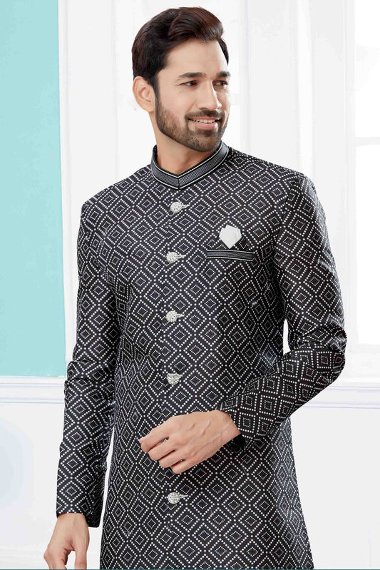 Black Indo Western In Jacquard NCSH10410541