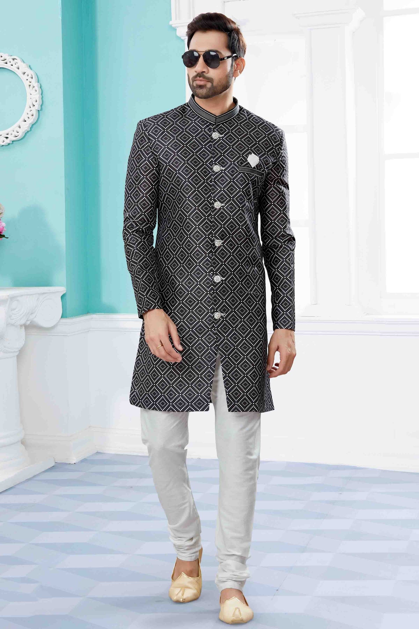 Black Indo Western In Jacquard NCSH10410541