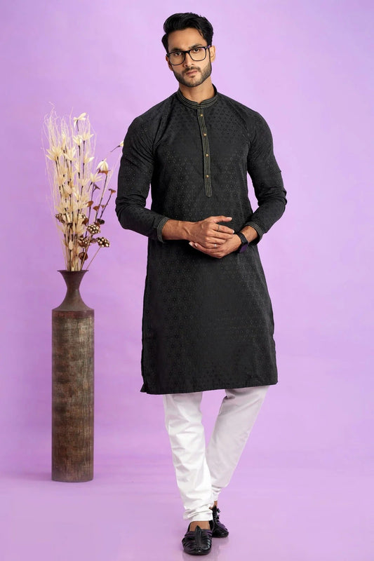 Black Jacquard Art Silk Pintex Kurta Pajama NCKP12310167