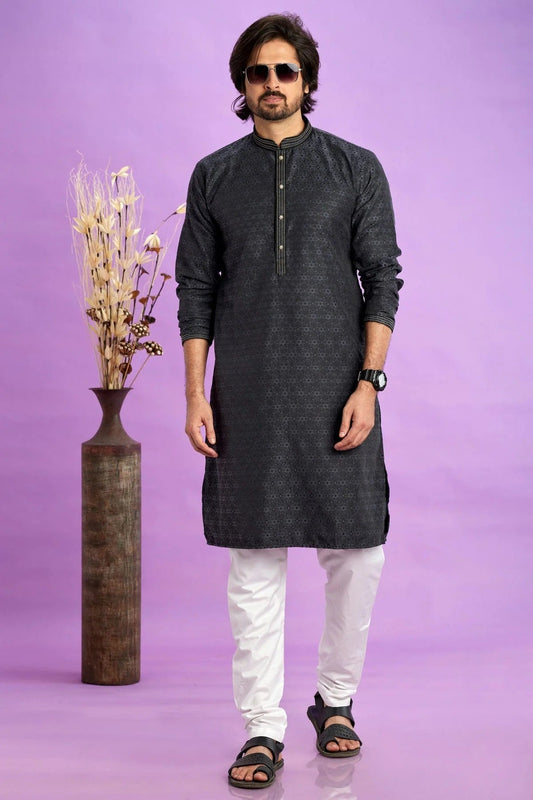 Black Jacquard Art Silk Pintex Kurta Pajama NCKP12310170