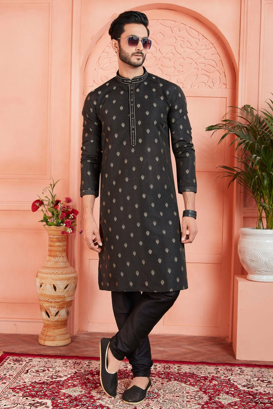 Black Jacquard Silk Brocade Kurta Pajama NCKP12310134