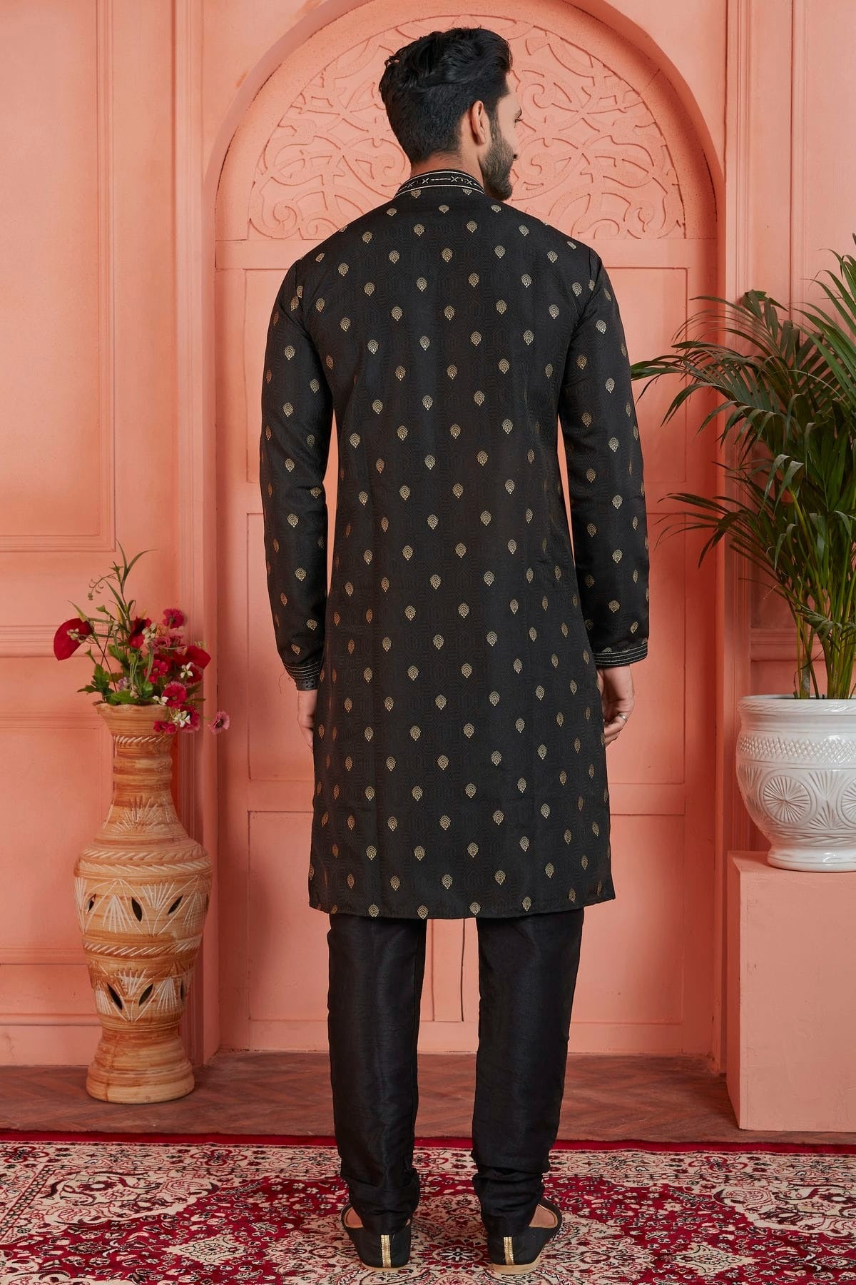 Black Jacquard Silk Brocade Kurta Pajama NCKP12310134
