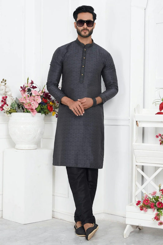 Black Jacquard Silk Brocade Kurta Pajama NCKP12310152