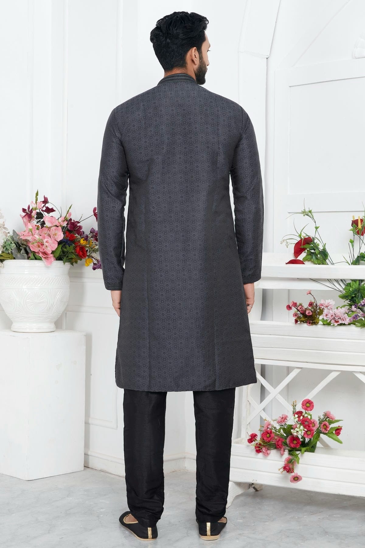 Black Jacquard Silk Brocade Kurta Pajama NCKP12310152
