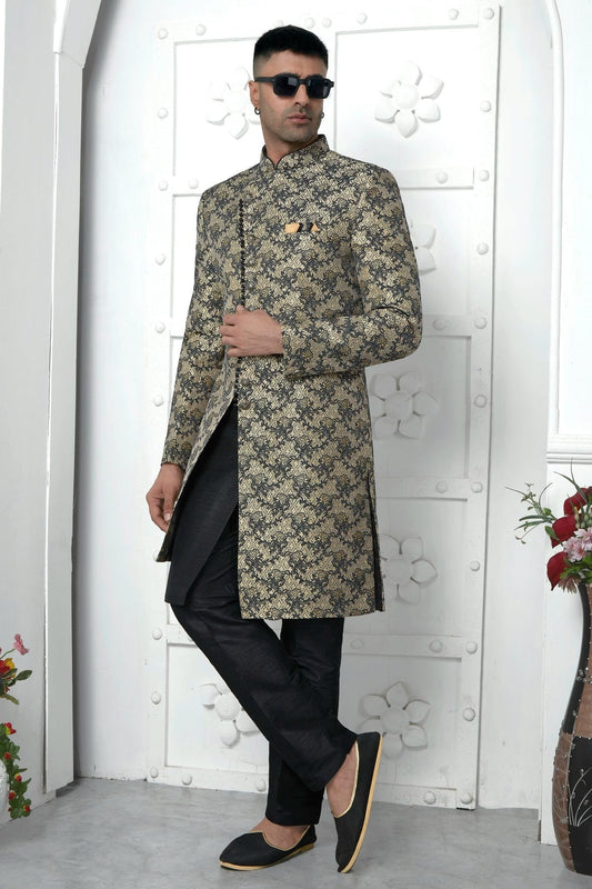 Black Jacquard Silk Indowestern Sherwan With Aligadhi Pant NCSH12310334