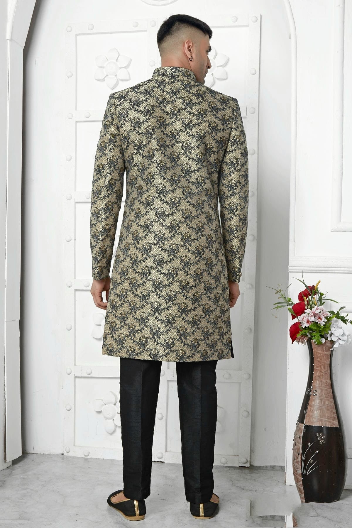 Black Jacquard Silk Indowestern Sherwan With Aligadhi Pant NCSH12310334