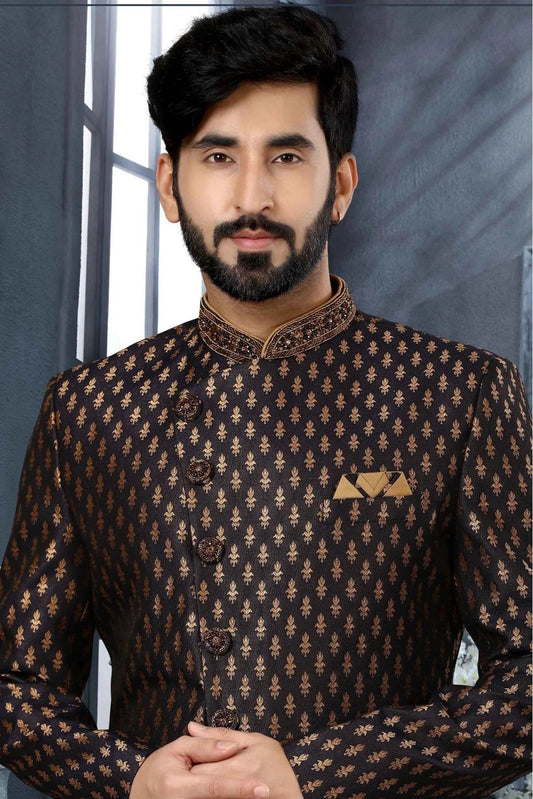 Black Jacquard Woven Sherwani NCSH10410436