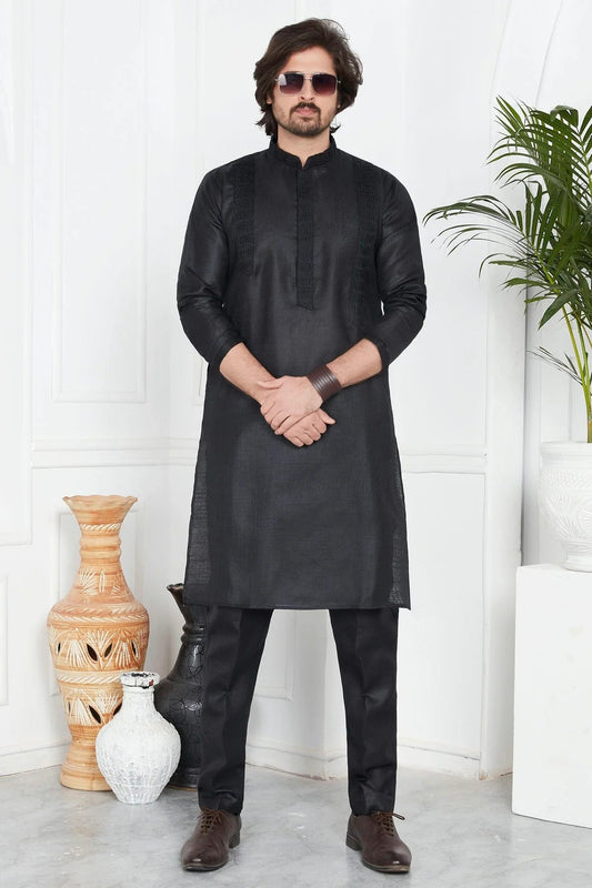 Black Linen Cotton Pintex Kurta Pajama NCKP12310248