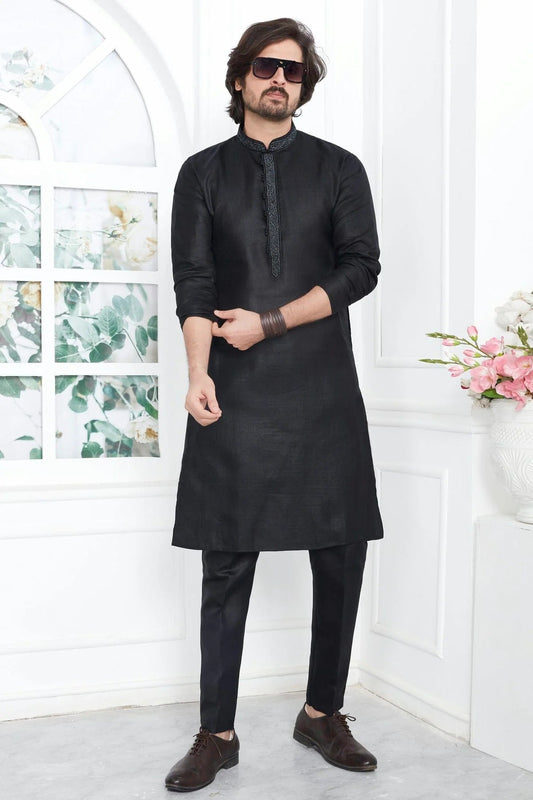 Black Linen Cotton Thread Kurta Pajama NCKP12310234