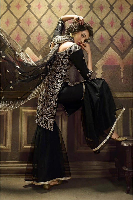 Black Net Sequins Sharara Suit NCSM10810361