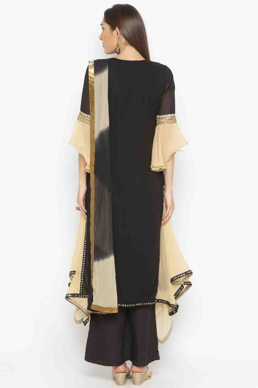 Black Plus Size Georgette Embroidery Palazzo Pant Suit NCSS10710656