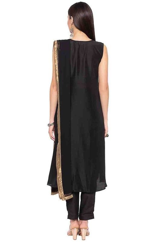 Black Plus Size Muslin Embroidery Churidar Suit NCSS10710555
