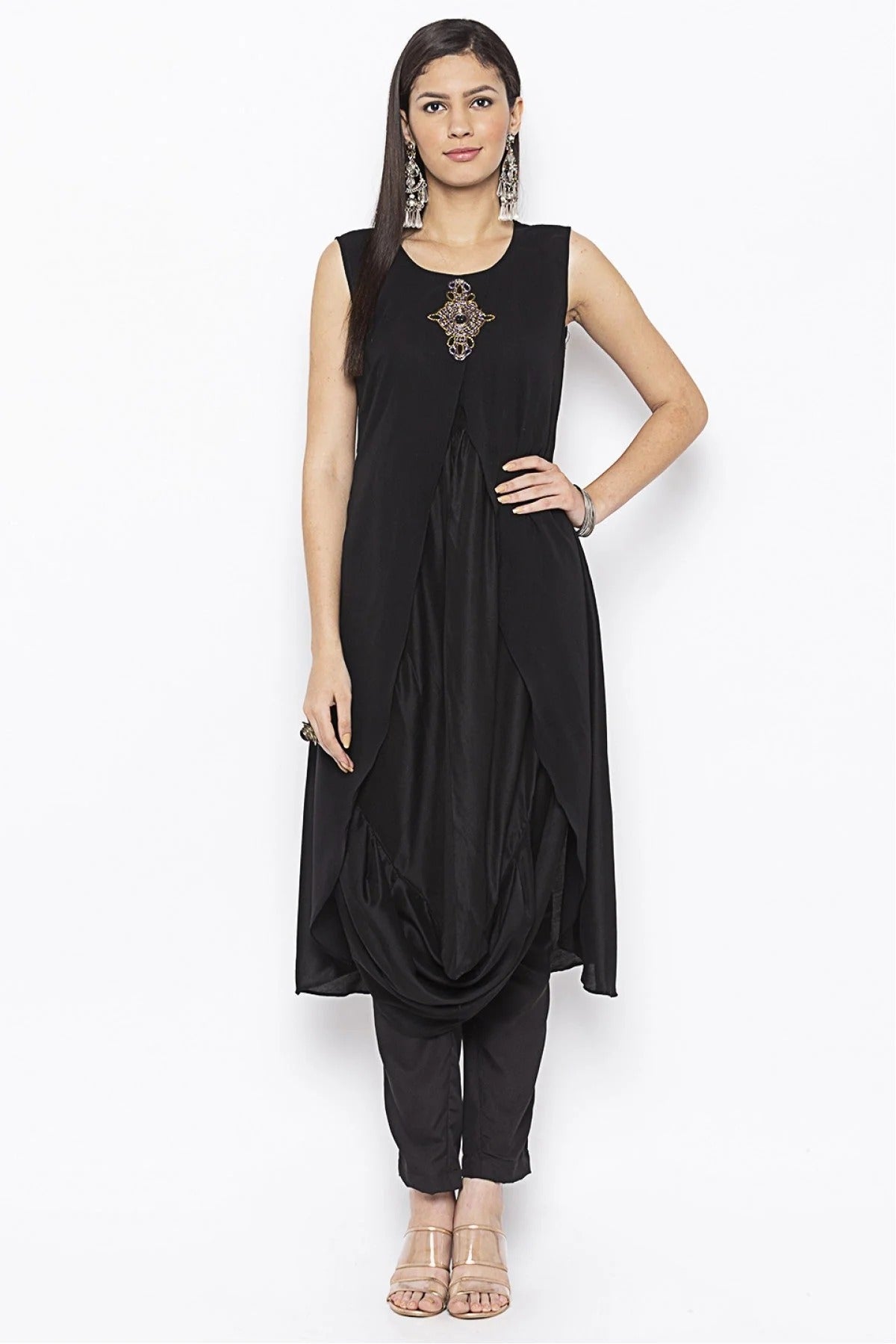 Black Plus Size Muslin Embroidery Kurta Set NCKR10710315