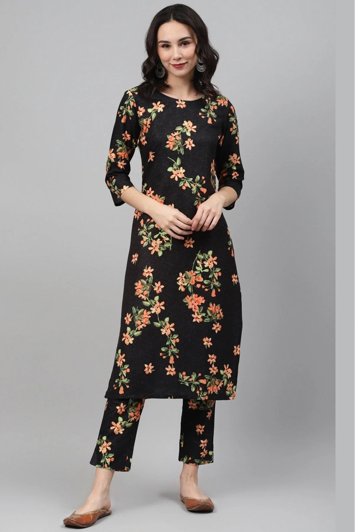 Black Plus Size Rayon Foil Print KurtiWith Pant Set NCKR10610132
