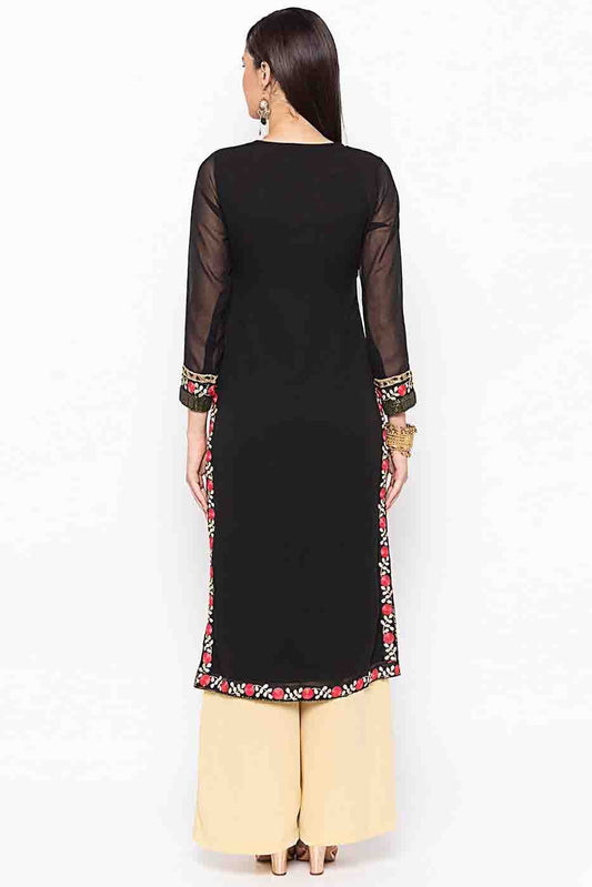 Black Plus Size Stitched Georgette Embroidery Palazzo Pant Suit NCSS10710539