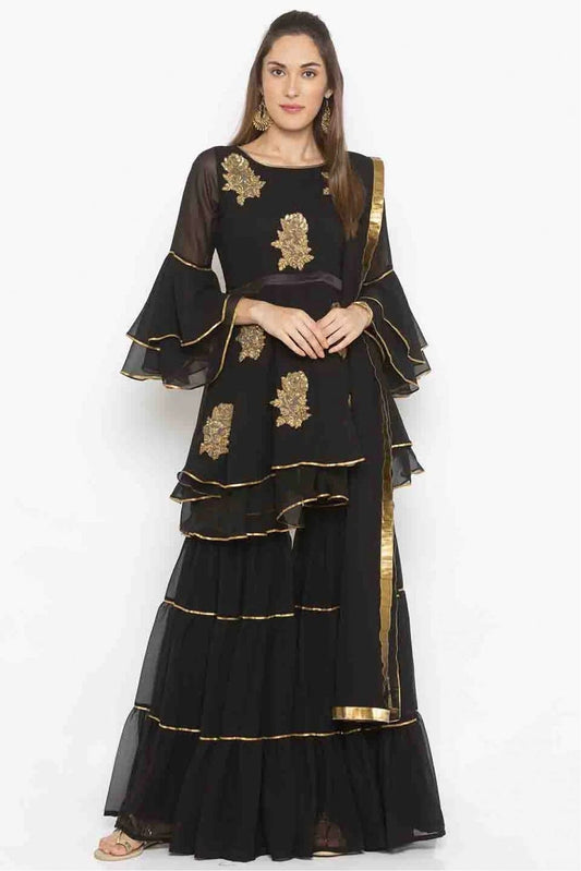 Black Plus Size Stitched Georgette Embroidery Sharara Suit NCSS10710531