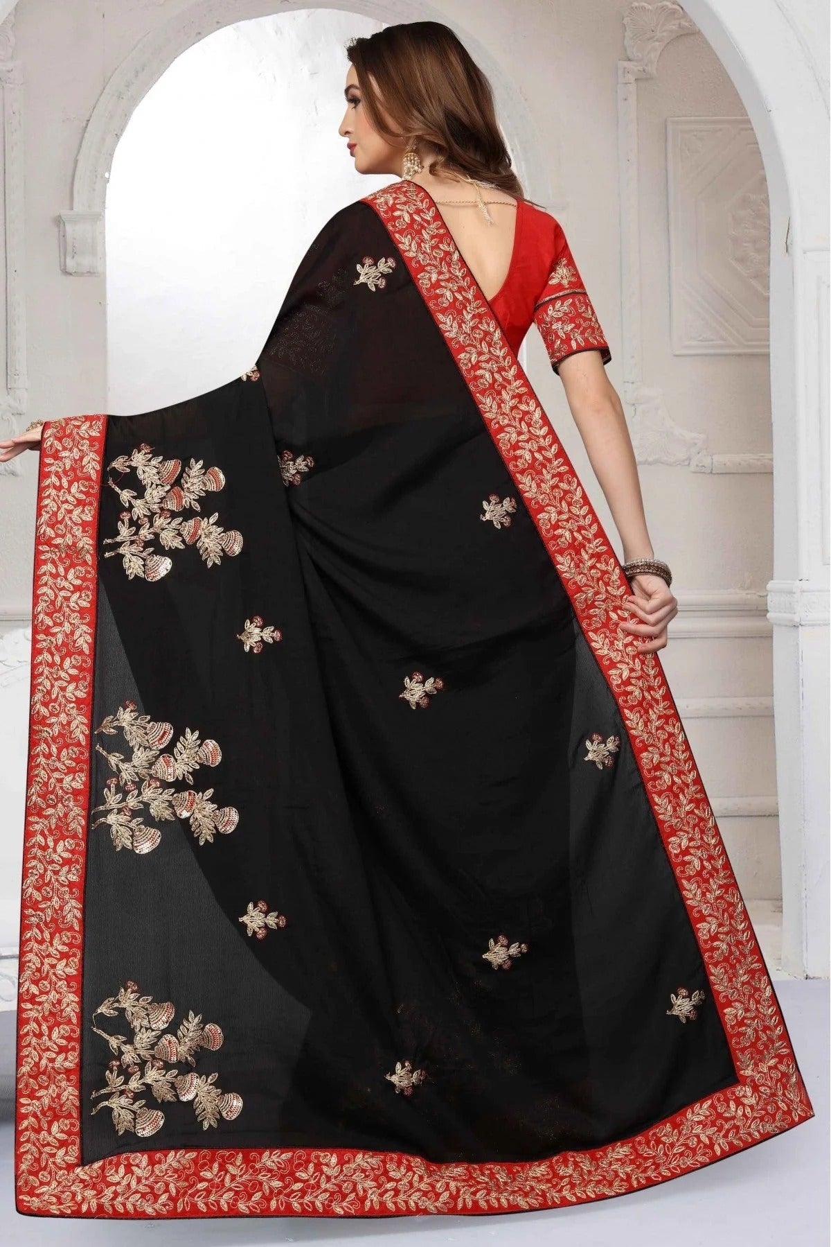 Black Pure Satin Designer Saree NCSD11210615