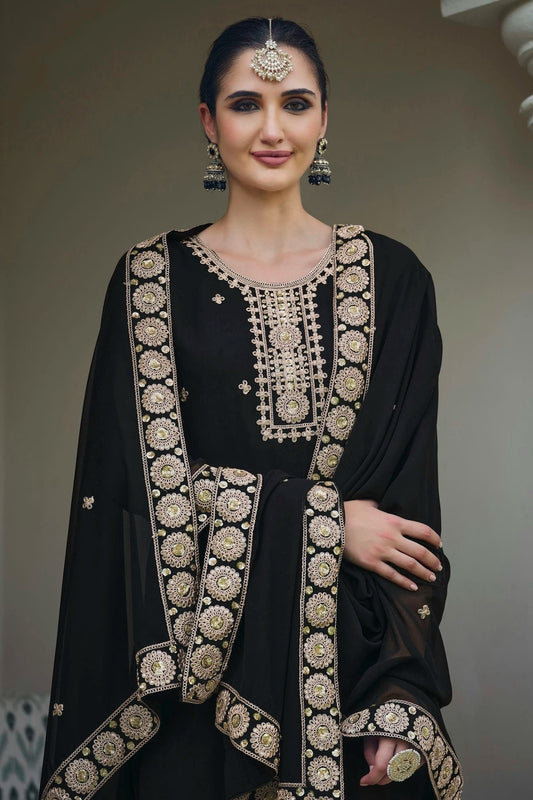 Black Semi Stitched Georgette Palazzo Pant Suit NCSM11410469