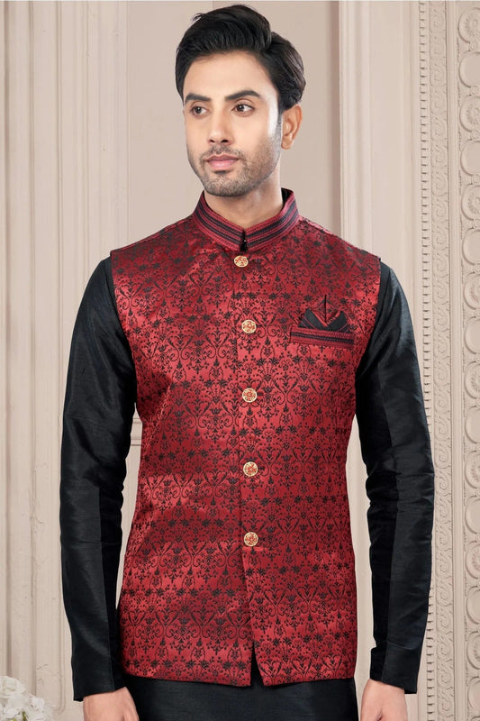 Black Silk Dupion Jacket Kurta Pajama NCKP10410136